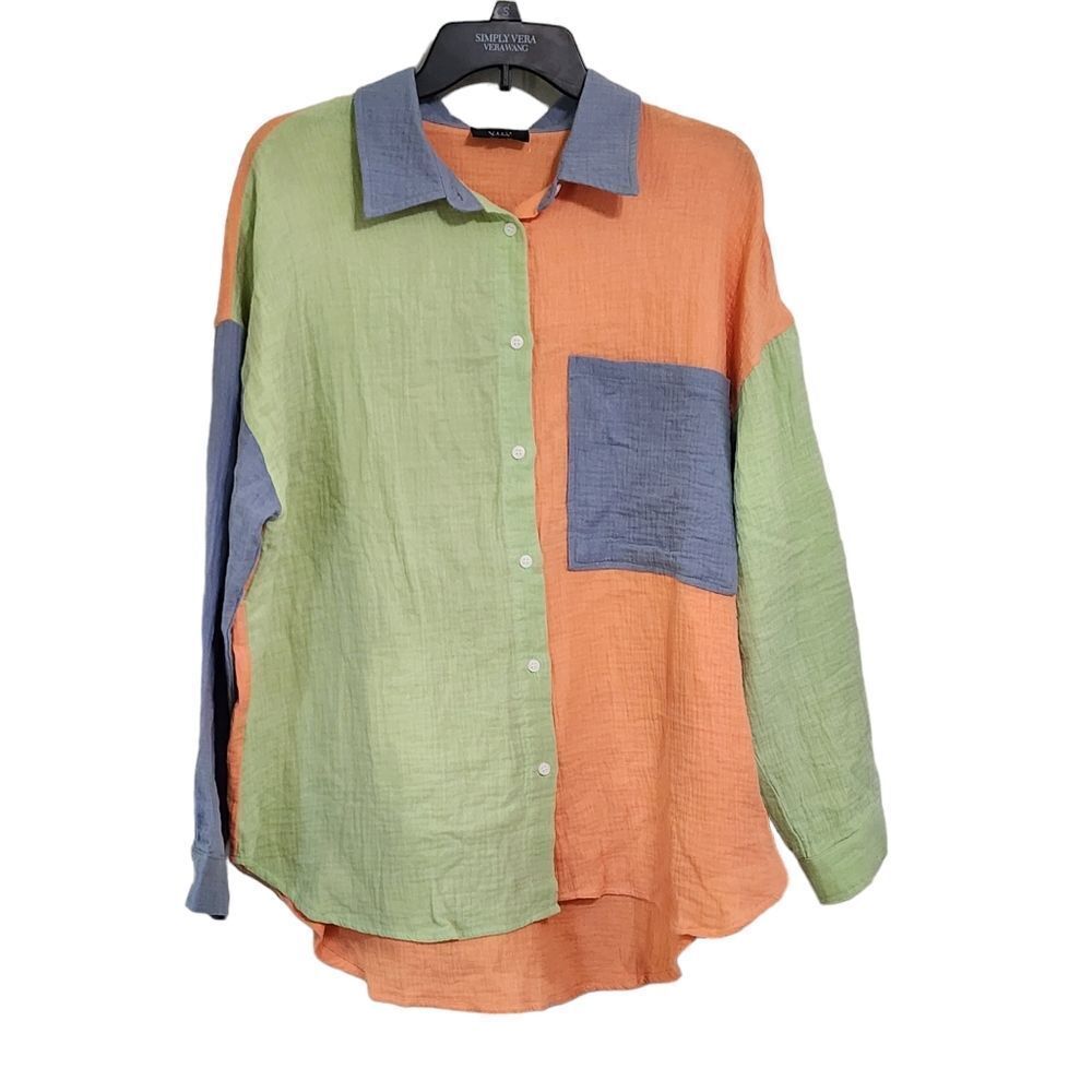 Vici color block oversized boxy gauze long sleeve button up Sz M